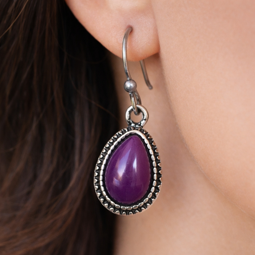 Women's Silver Tone Dainty Design Purple Stone Small Fishhook Teardrop Earrings